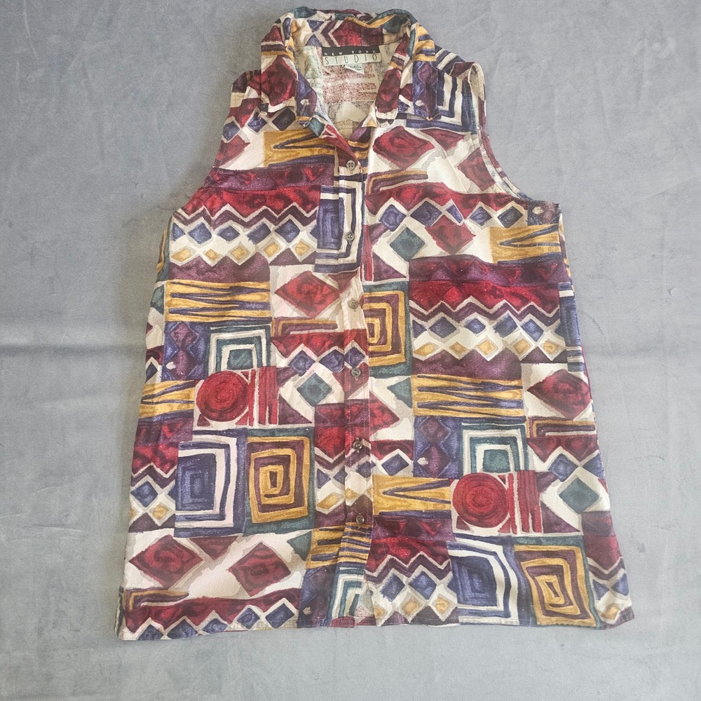 New York Studio Womens Vintage 100% Silk Geometric Abstract Sleeveless Blouse M